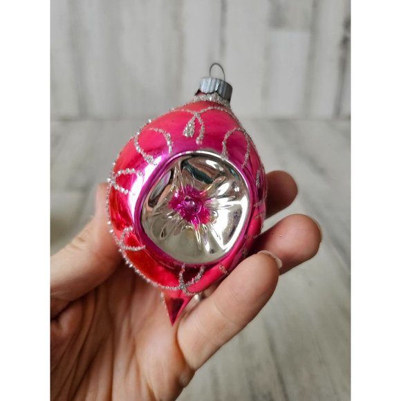 Vintage reflector pink teardrop glass ornament Xmas tree - Picture 7 of 9